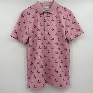 Goodfellow Polo Shirt Men Medium Pink Tropical Palm Tree Short Sleeve Stretch